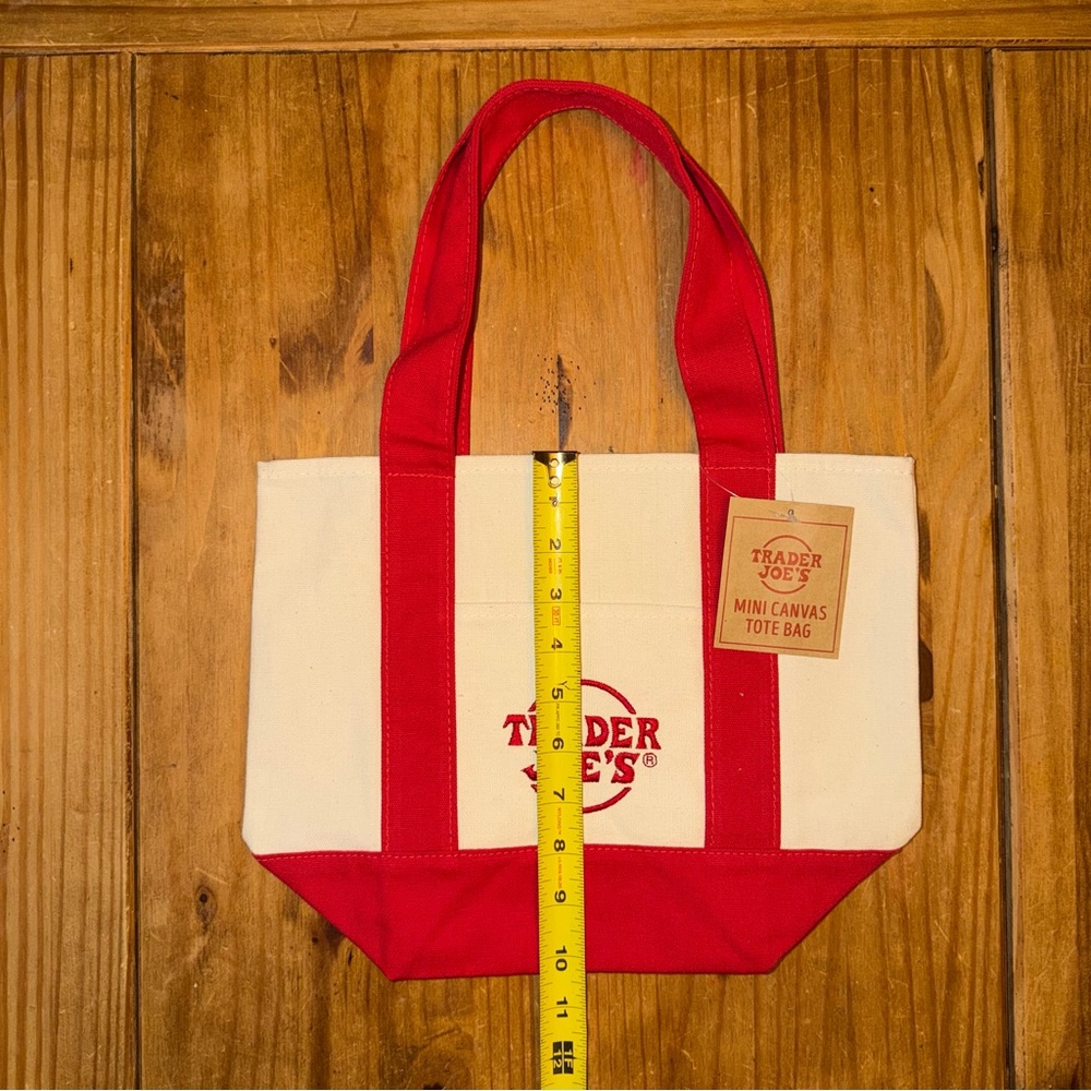 MINI NWT Trader Joe’s Mini Canvas Reusable Tote Bag - Cream with Red Straps - Picture 3 of 10